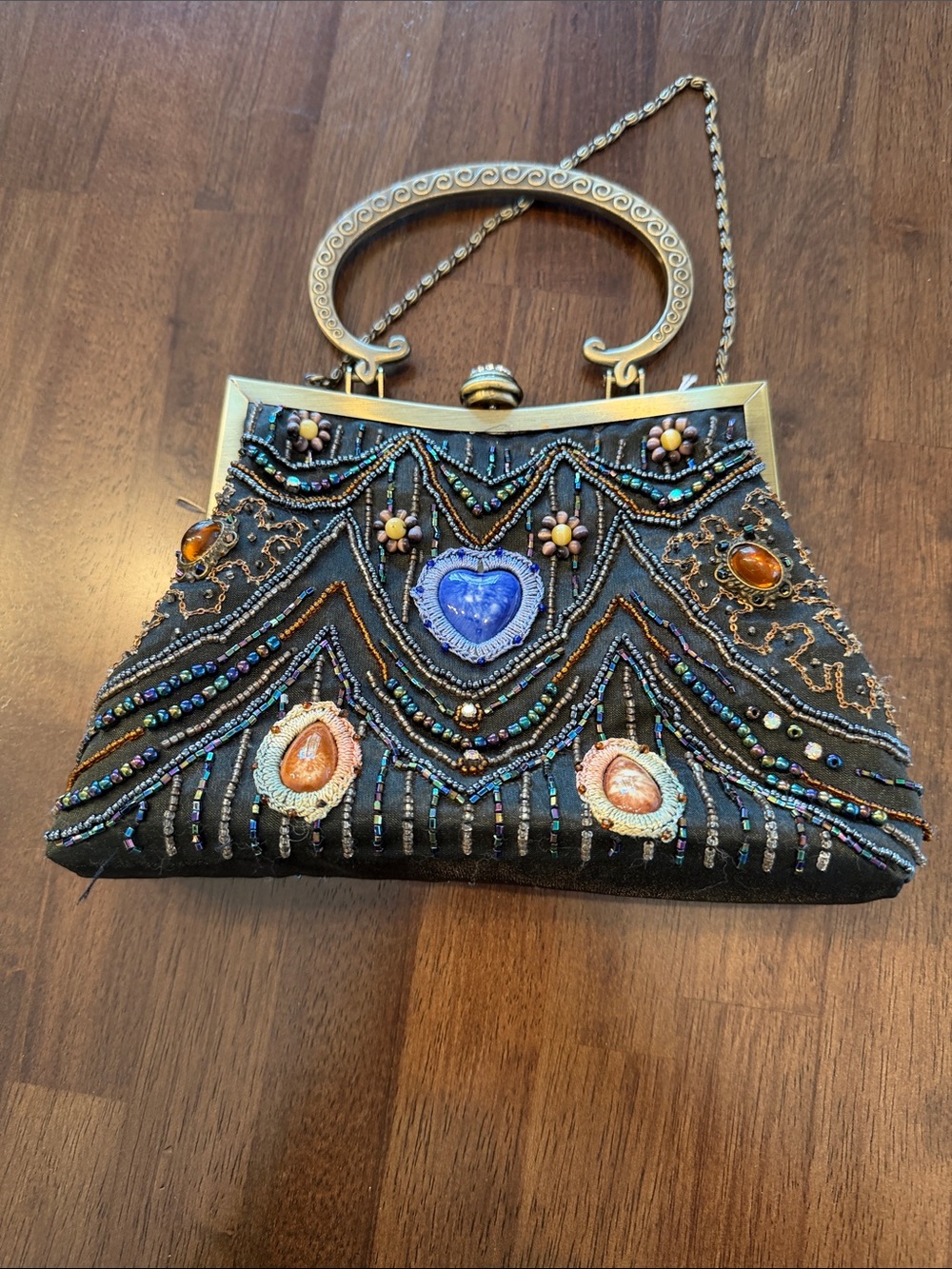 Embellished Black Evening Handbag with Beaded Heart Accent